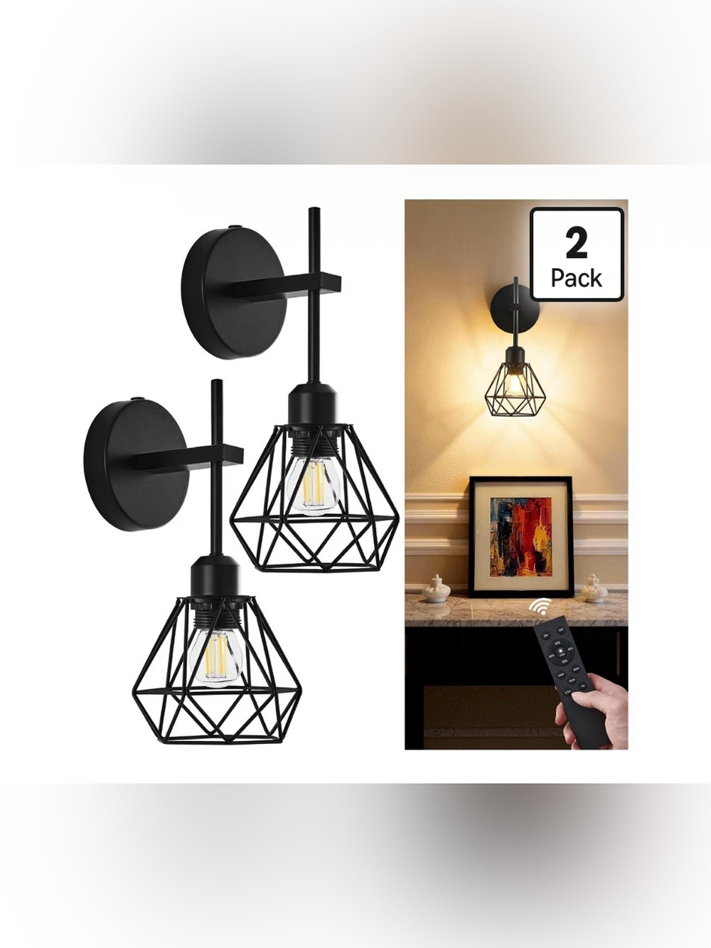 Black Hollow Wireless Battery Operated Wall Sconces Set of 2, 8000mAh Rechargeab